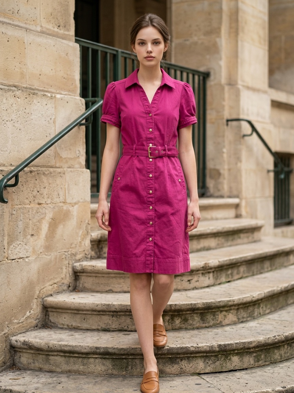 Apt. 9 Fuchsia Button-Front Belted Shirt Dress